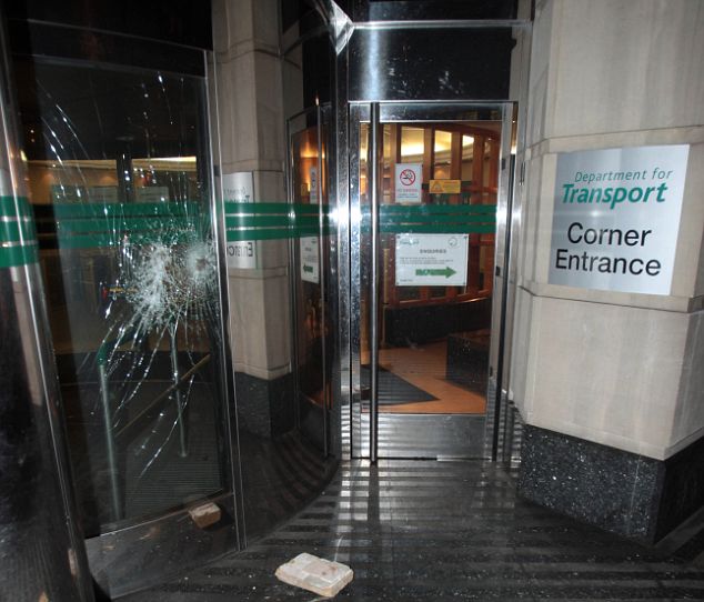 Suffra-jet broken windows at Dept for Transport