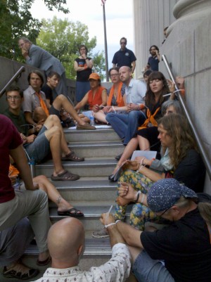 Blockading the courthouse entrance following Tim's sentencing